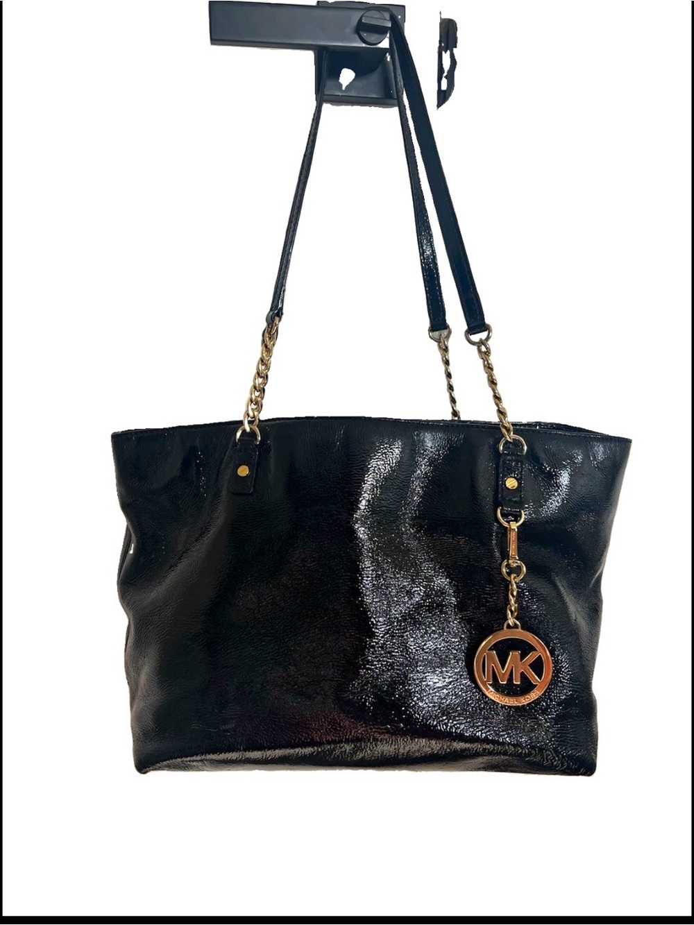 Michael Kors Black Patent Tote with Gold Chain Detail